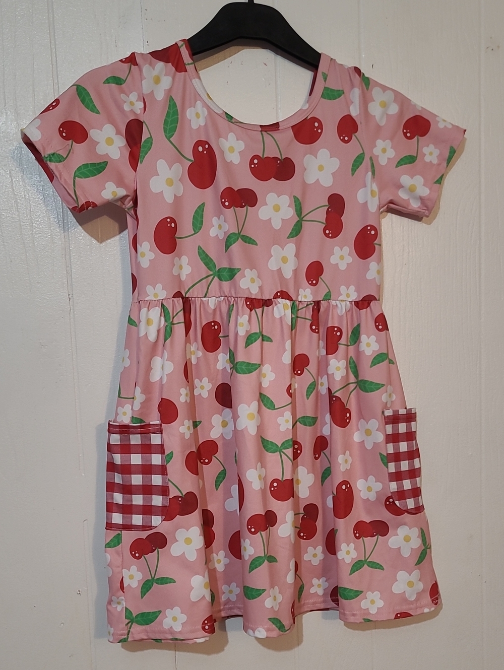 Clover Cottage Girls' Size 7/8 Pink Cherry Print Casual Dress, Gingham Pockets